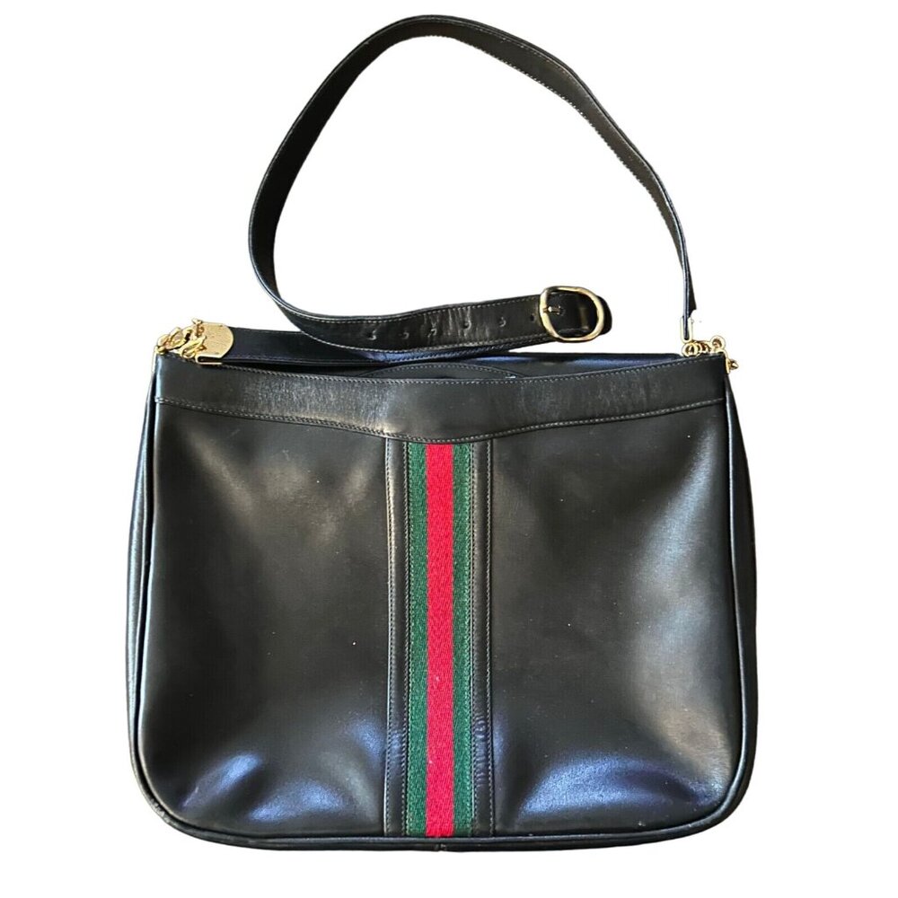 Gucci Black Leather HOBO Bag w Sherry Stripe Horse-bit Chain Strap